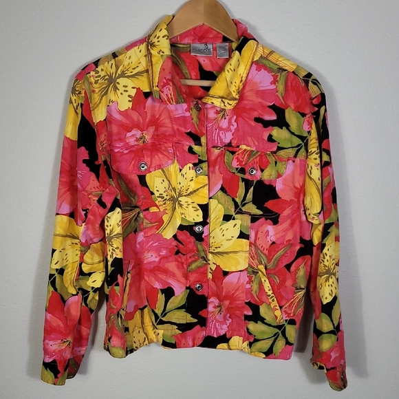 Chicos Linen Blend Floral Button Up Jacket Size Large (2) Artsy Vibrant Colorful - Picture 1 of 12
